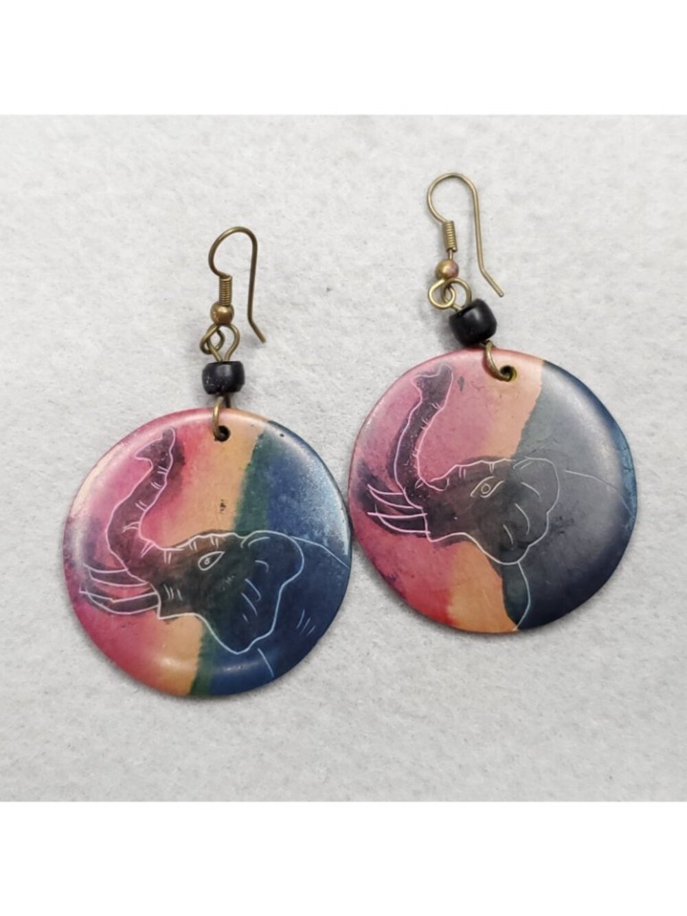 Elephant Earrings Dangle Dyed Etched Carved Soapstone Double Sided 1.5" - Picture 3 of 6